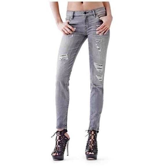 Guess Mid Rise Power Curvy Skinny Jeans In Create Wash Destroyed Details Size 24 - Picture 1 of 12